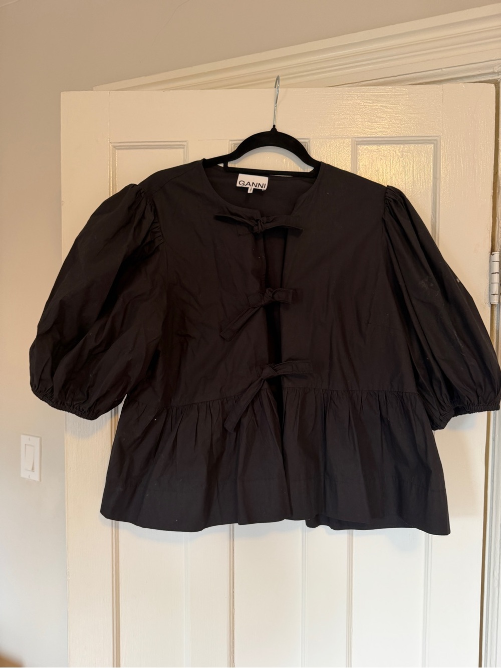 Ganni Black Puff-Sleeve Tie-Front Blouse